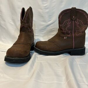 Justin Boots Brown Ankle Boots with Pink Stitching